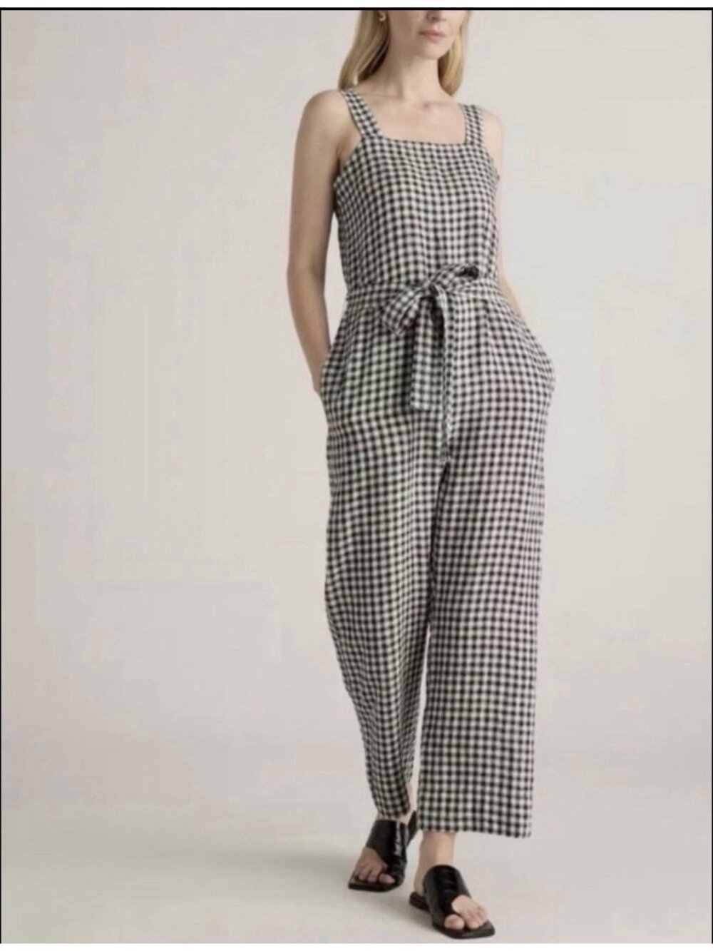 Quince European Linen Square Neck Jumpsuit in Khaki/Black Gingham Check Large
